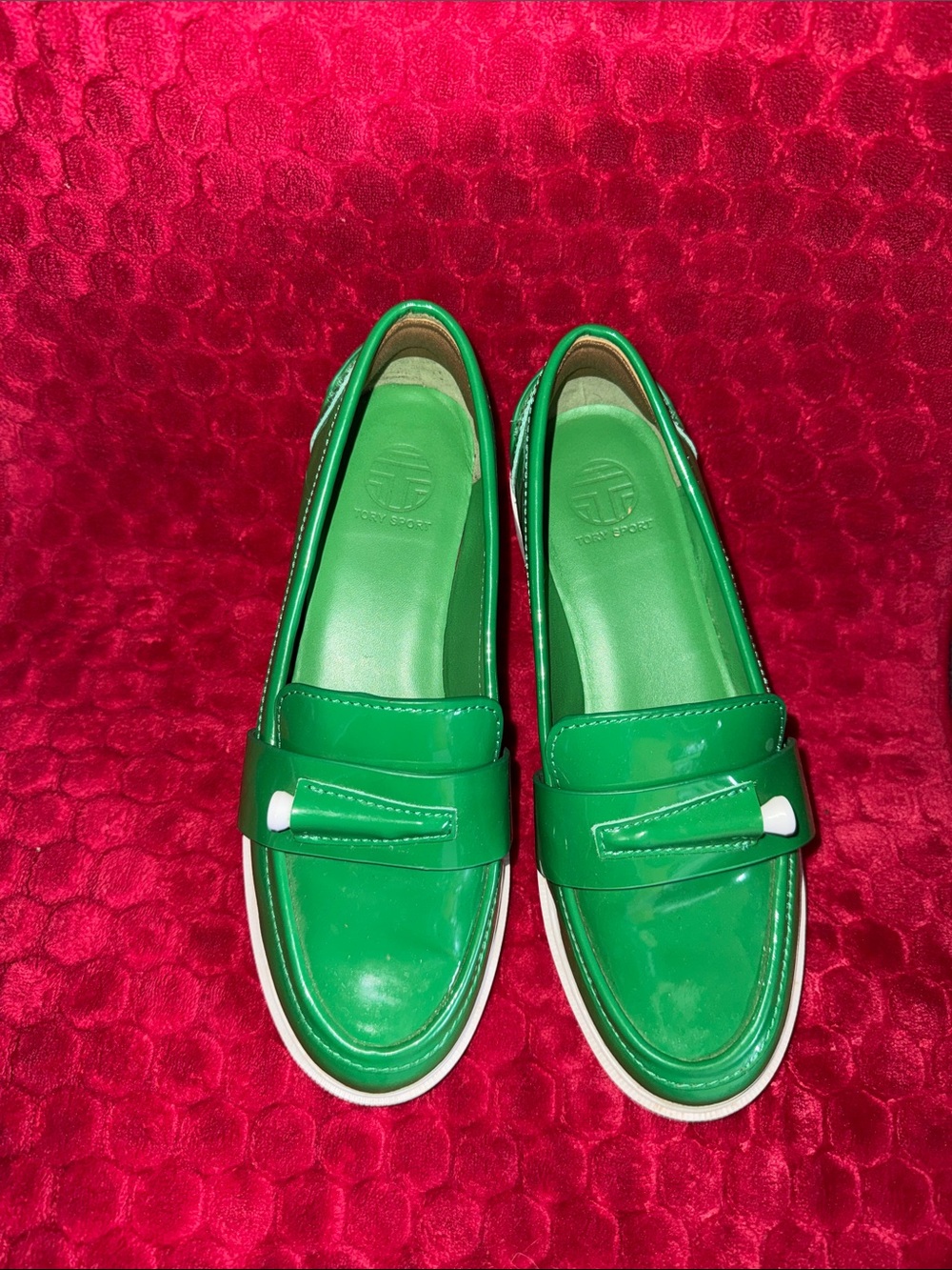 Tory Sport Green Patent Leather Loafers with White Trim